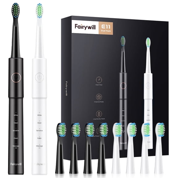 Fairywill Electric Toothbrush for Adults, Sonic Dual Pack with 10 Brush Heads, 40,000 VPM, 5 Modes & 2-Min Smart Timer, IPX7 Waterproof,Perfect Family Gift Set,Black & White