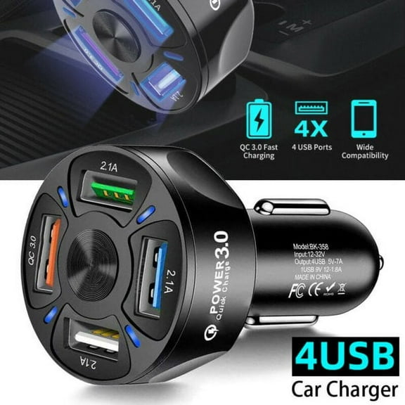 Podofo 12-32V Fast QC Quick Charge 3.0 4 USB Port Car Charger Cigarette Lighter Vehicle Socket Adapter with LED Light Adapter for iPhone Android Phone Type USB