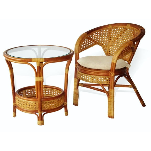 SK New Interiors Pelangi Lounge Set of Round Coffee Table and Natural Rattan Wicker Chair Handmade Design, Colonial