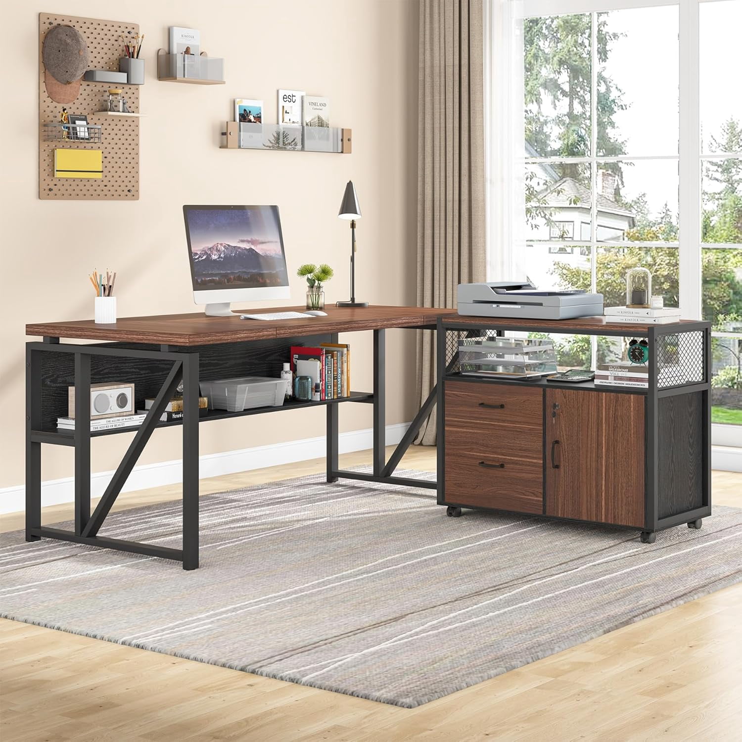 Tribesigns 63" L-Shaped Desk with Drawers, Executive Computer Desk with lateral File Cabinet (Dark Brown, 63 inches)