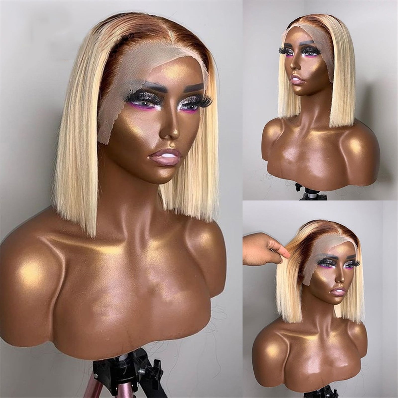 13x4 Ombre Blonde Short Bob Wigs for Women Remy Human Hair 150% Density Blonde Lace Front Wig Peruvian Hair Pixie Cut Transparent Lace Frontal Wig