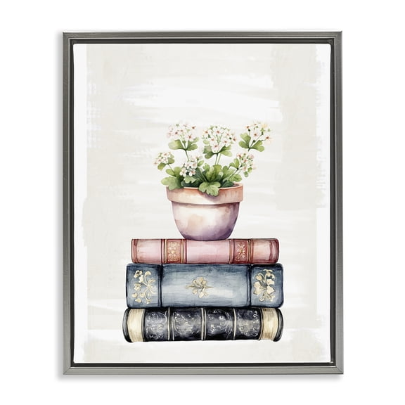 Stupell Industries Floral Stacks with Vintage Books Gray Framed Floater Canvas Wall Art, design by Kim Allen