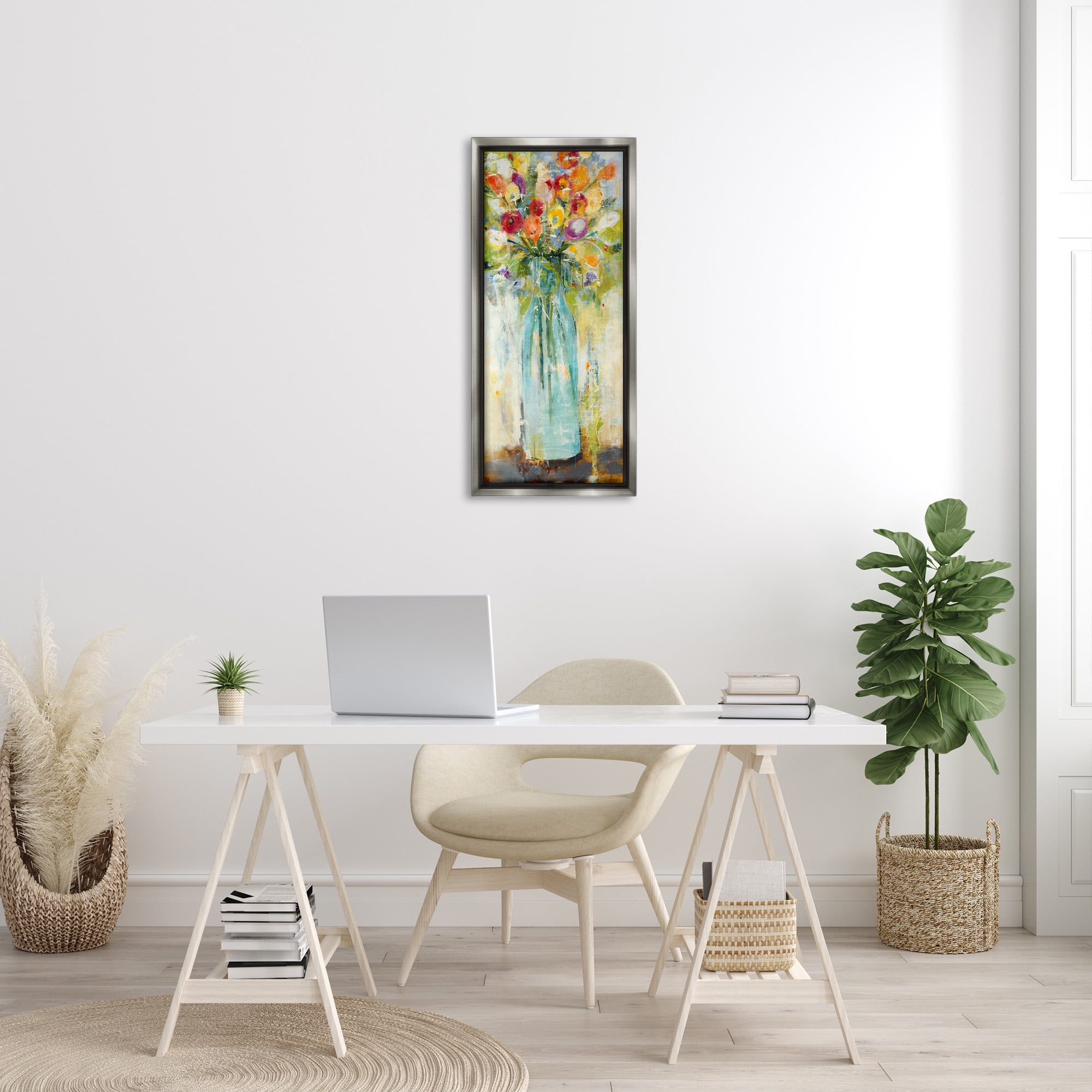 Stupell Industries Rustic Spring Bouquet Abstraction Botanical & Floral Painting Gray Floater Framed Canvas Art Print Wall Art, 15 x 31