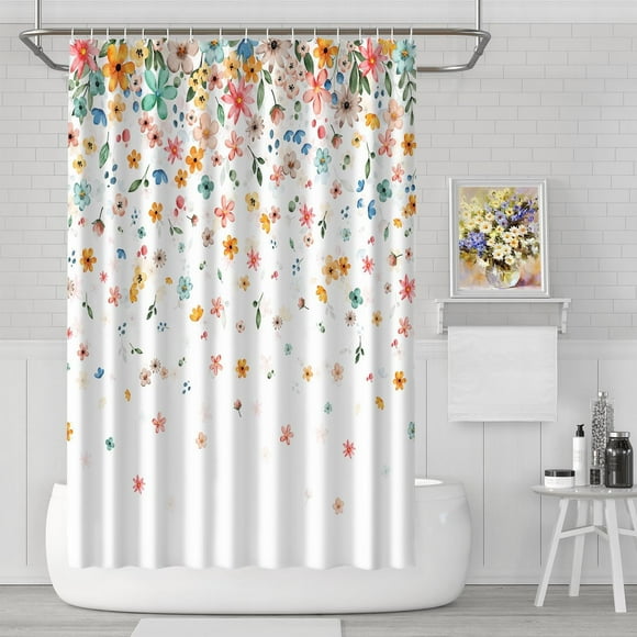 Colorful Spring Floral Shower Curtain - 72x72 Inch Watercolor Flower Design Waterproof Fabric Perfect for Spring & Summer Decor Includes 12 Hooks