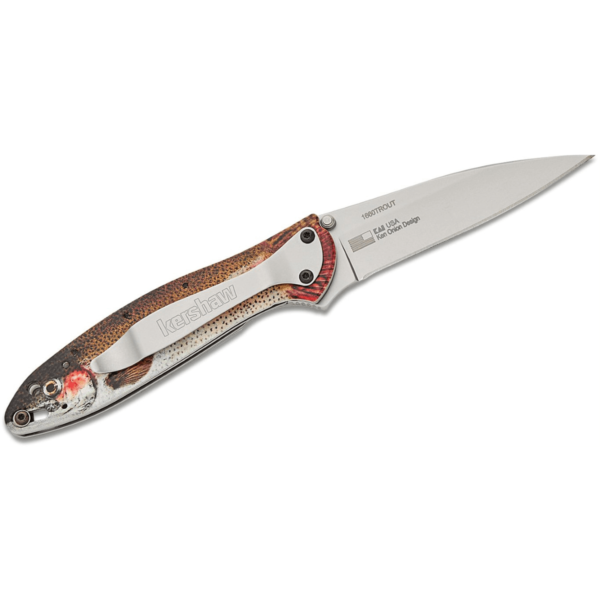 Kershaw Leek Assisted Open Liner Lock Drop Point Blade EDC Folding Pocket Knife -Trout/Silver