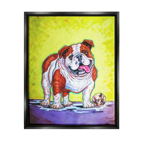 Stupell Industries Bulldog with Baseball Animals & Insects Painting Black Floater Framed Art Print Wall Art, 17 x 21
