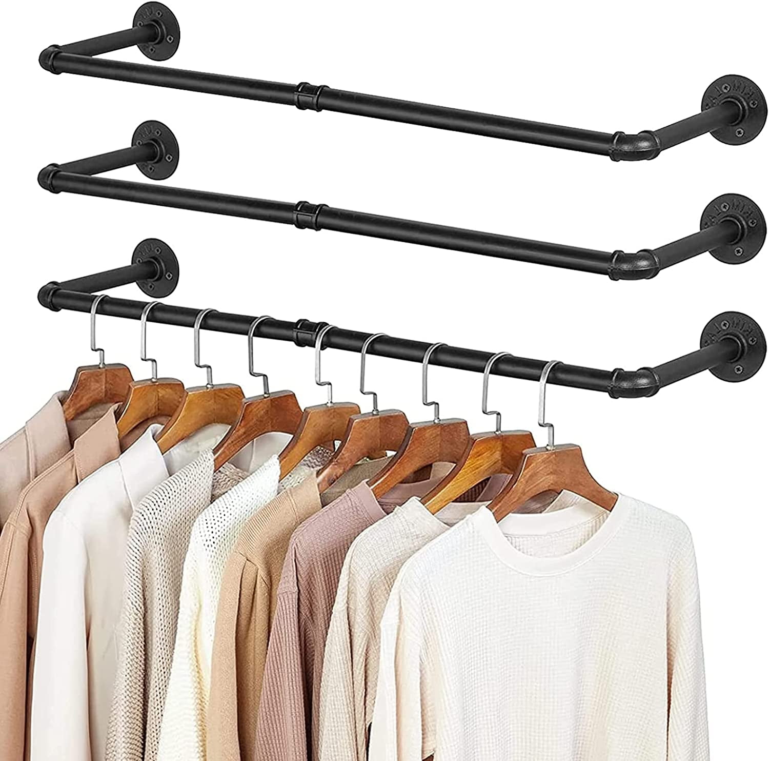 3 Pack 38.4" Pipe Wall Mounted Clothes Rack Industrial Coat Hanger