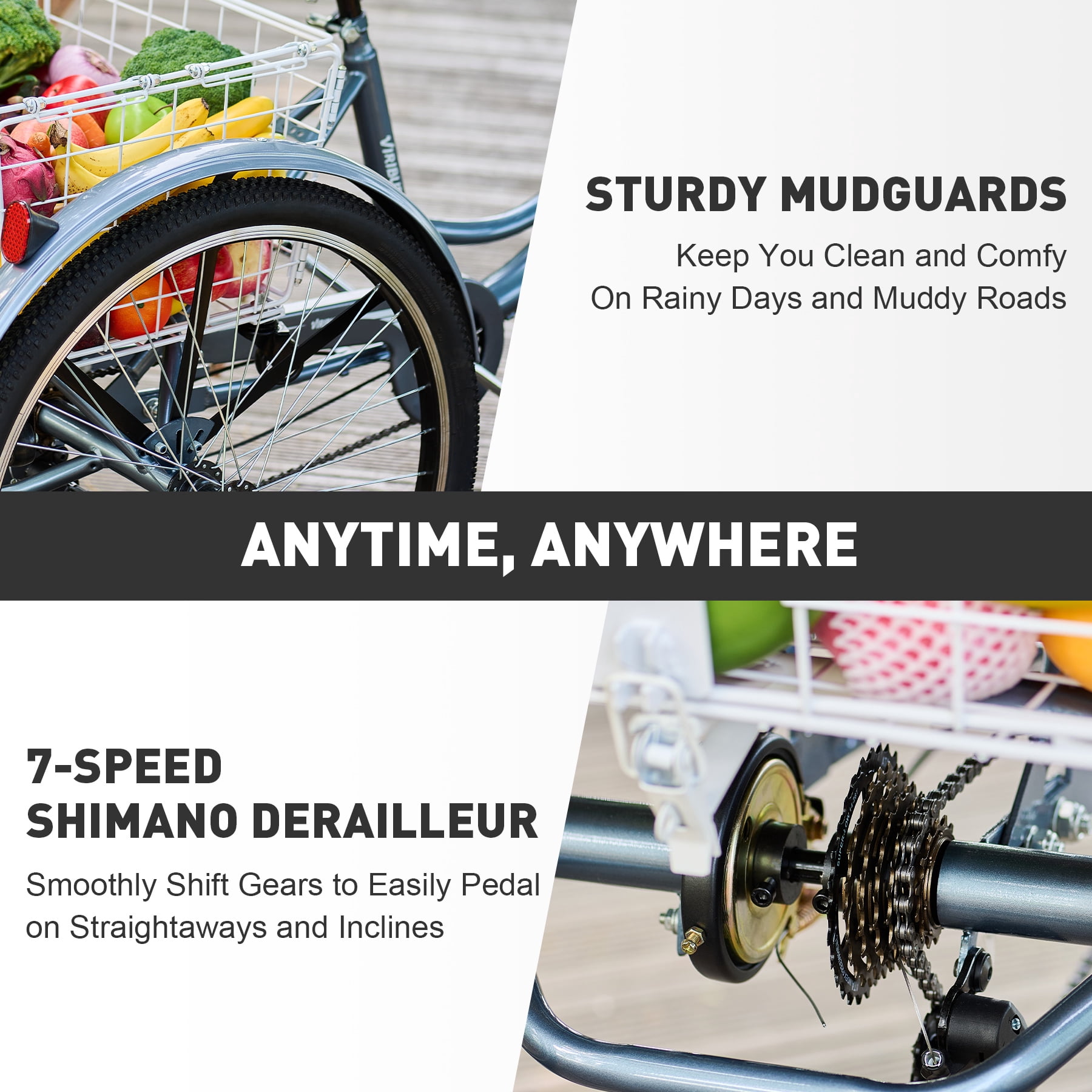 VIRIBUS 24 Inch Adult Exercise Trike 7 Speed with Front Rear Basket Matte Gray