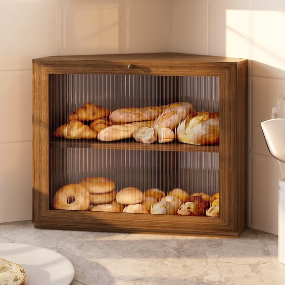 Large Bread Box for Kitchen Counter, Corner Wooden Large Capacity Bread Storage with Glass Lid, Walnut