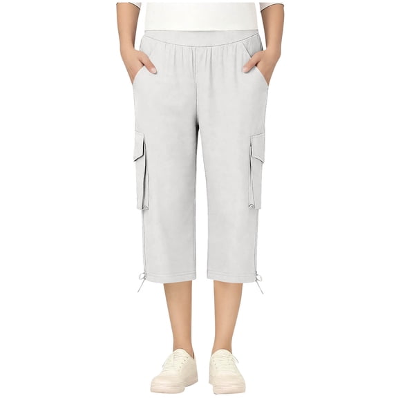 GHNJK Girls' Cargo Capri Pants with Drawstring Cuffs Elastic High Waist Casual Trousers for Summer