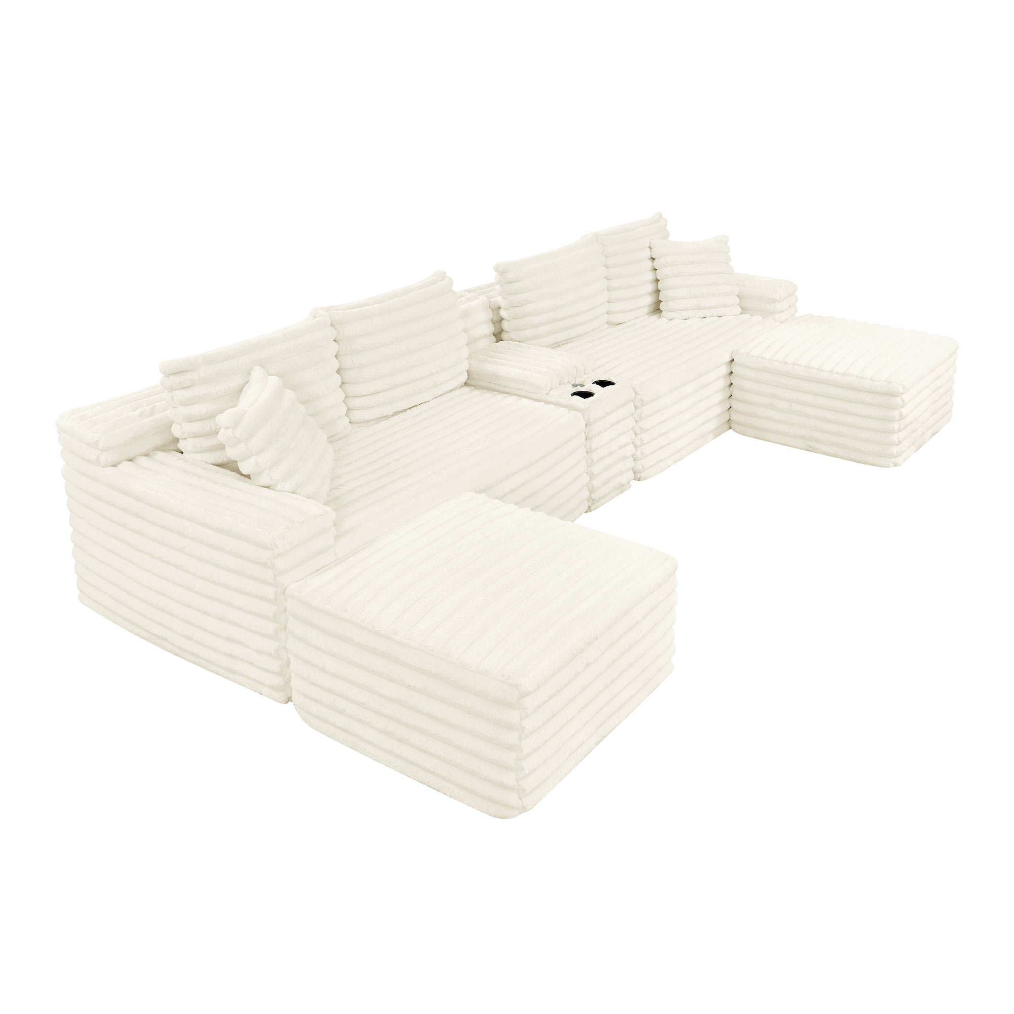 BSHTI 127" Corduroy U Shape Sectional Sofa with Console, Cup Holders, USB Port, 2 Ottomans for Living Room（Beige）