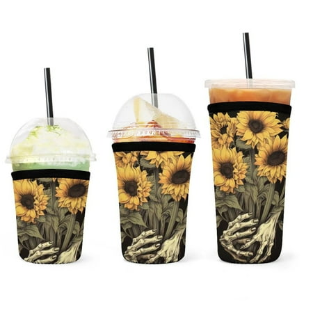 

Set of 3 Packs Reusable Hot And Iced Coffee Cup Sleeve Neoprene Tumbler Sleeve Sunflower Skull (2)(16 24 32oz)