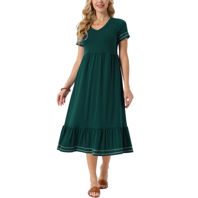 INSPIRE CHIC Vestido midi de verano para mujer con cuello en V, manga corta, con bolsillos y ribete en contraste, talla M, verde oscuro