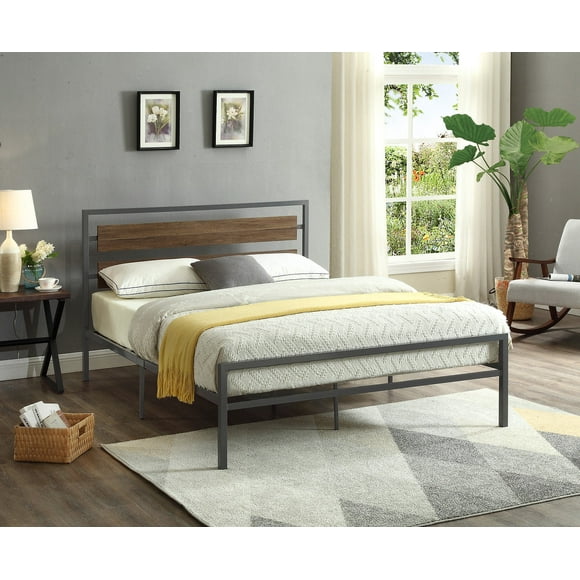 Lit Plateforme en Métal avec Panneaux de Bois - Couleur Gris