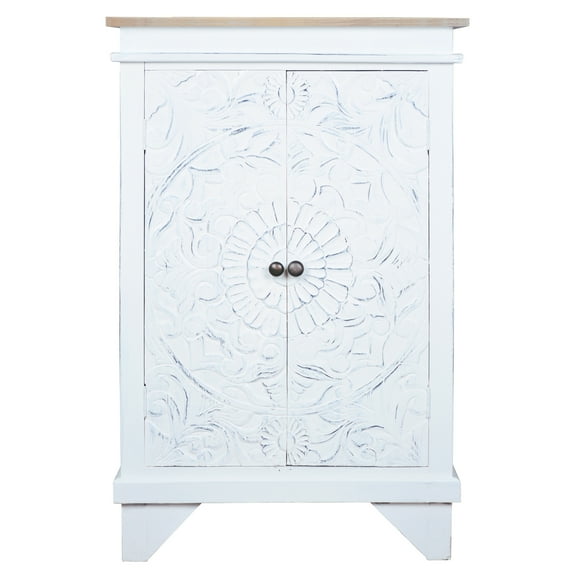 Cottage Solid Wood Carved Accent Cabinet in Distressed White/Driftwood Brown