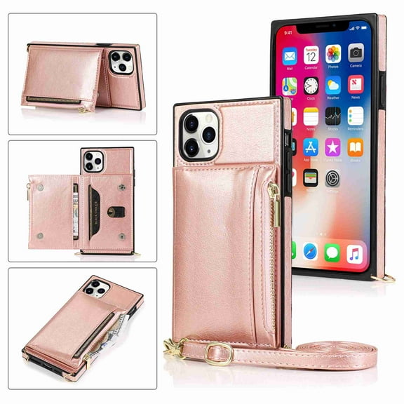 Dteck Case For iPhone 11 Pro 5.8 2019 Wallet Card Holder PU Leather Card Pockets Slim Protective Shockproof Flip Folio Zipper Purse Cover, rosegold