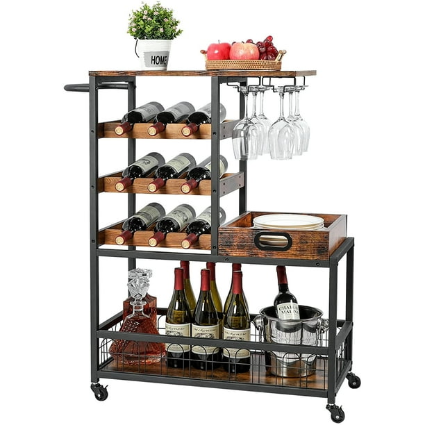 Bar Cart with Storage, Mobile Kitchen Serving Cart with Wine Rack and