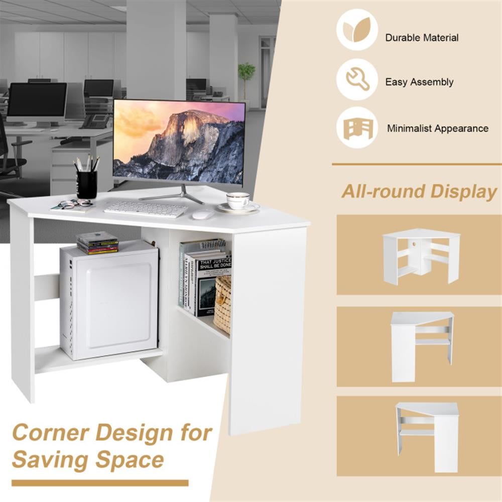 Demi Bonn Corner Computer Desk Triangle Writing Workstation with Storage Shelf, Small Home Office Desk Study Gaming Table, White