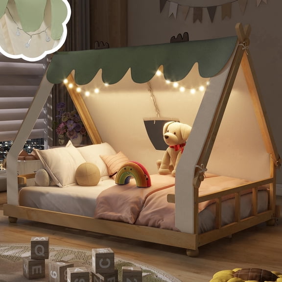 Mirightone Twin Size Floor Bed with Light, Twin House Bed with Tent, Floor Bed Frame with Slats, White Natural