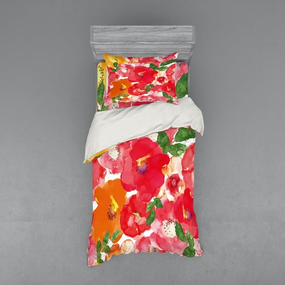 Ambesonne Flower Bedding Set 3 Pcs, Watercolor Style Floral, Twin, Red and Orange