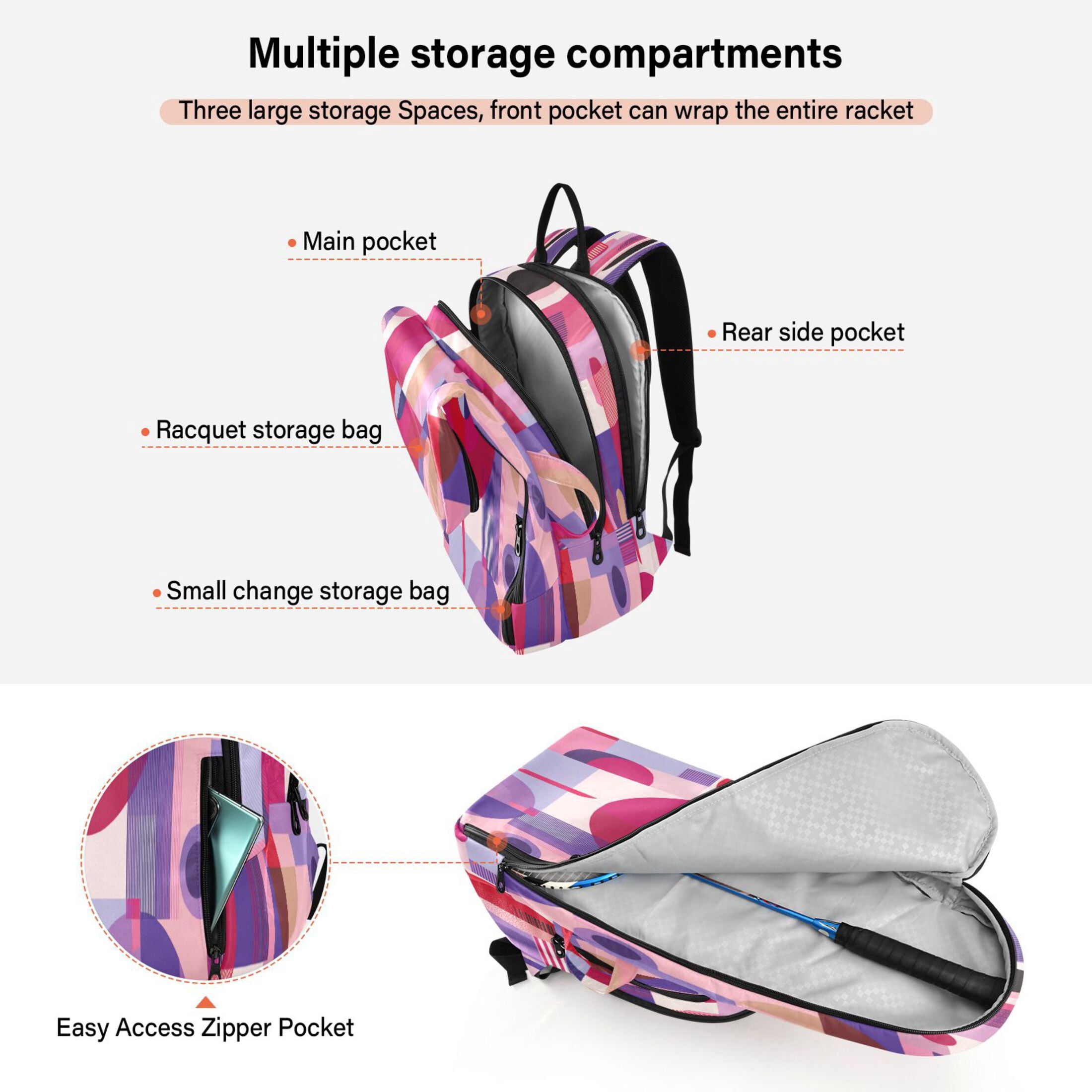 2 Racquet Holder Tennis Backpack Tennis Racket Covers Gym Bags Pink and Purple Record Pattern