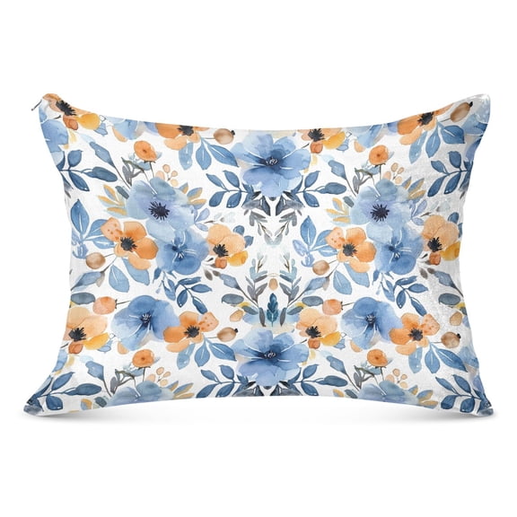 Blue and Orange Watercolor Floral Plush Pillow Cases Standard Size Ultra Soft Warm Pillowcases with Zipper 20"x26"