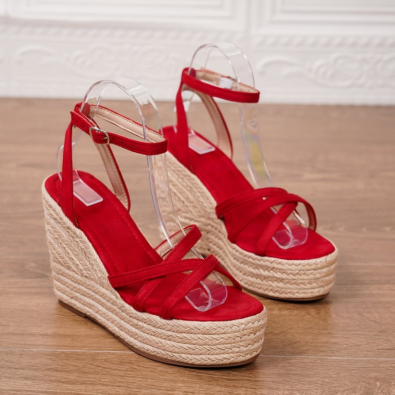 red strappy dress sandals Strappy Wedge Sandals for Women 2026 Comfortable Platform Espadrilles Dress  Shoes Buckle Ankle Strap Open Toe Beach Heels Red Size 6.5