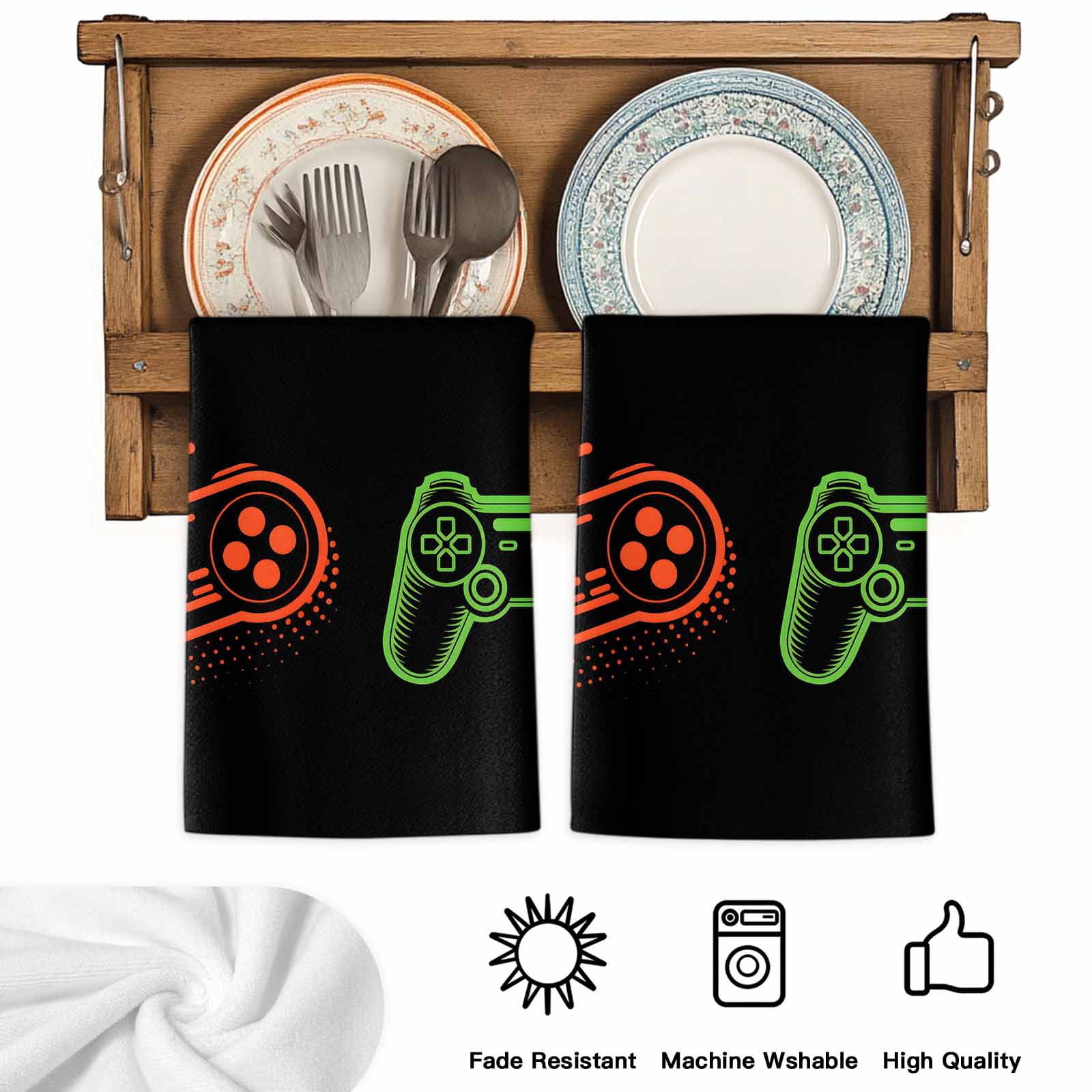 Game Controller Kitchen Towels Set of 2, Modern Art Gaming Handheld Black Soft Microfiber Dish Towels, Absorbent Quick-Dry Washable Dishcloths for Kitchen Cleaning, Drying Dishes, 18x28 Inches