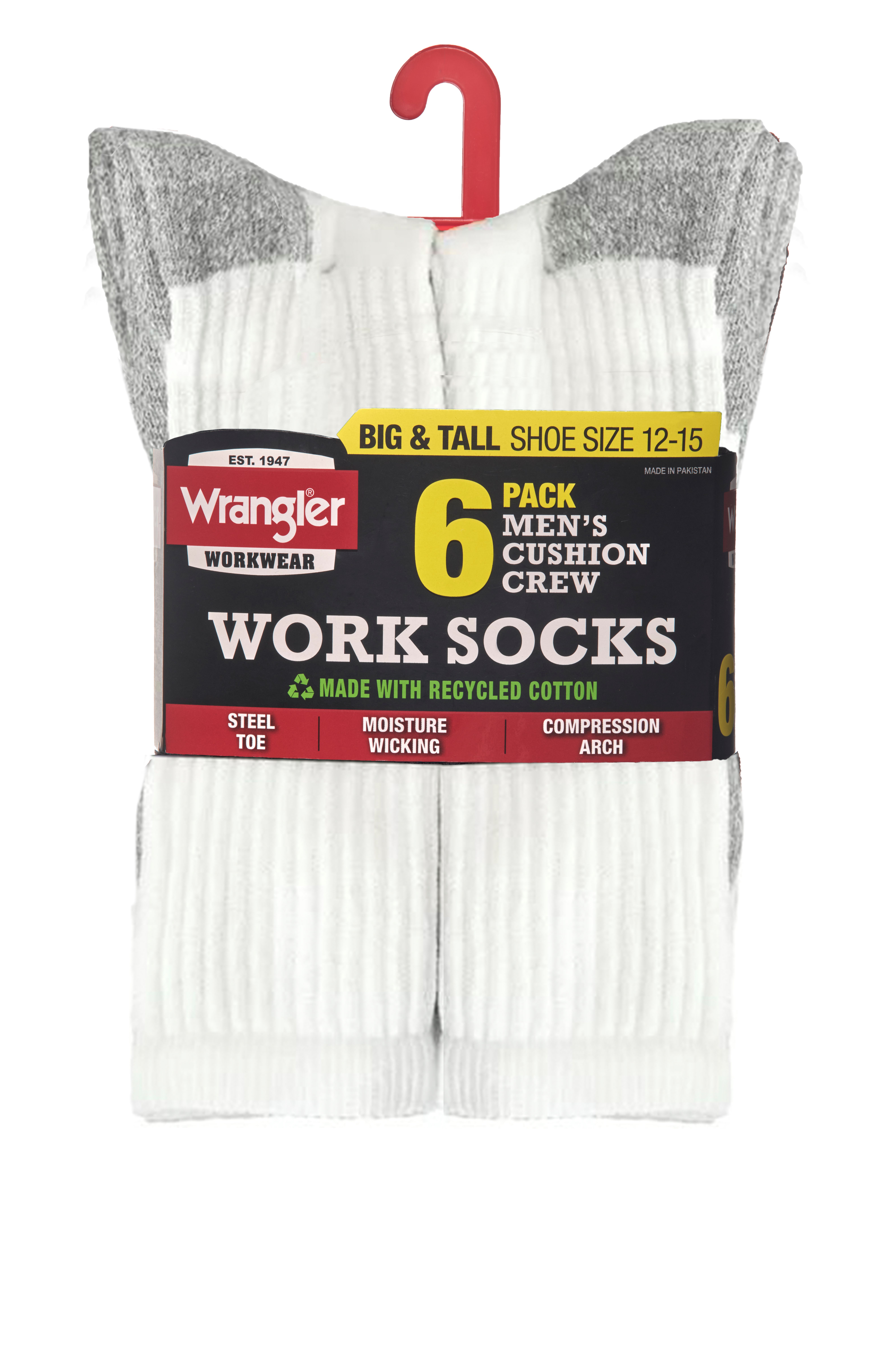 Wrangler Men's Cushion Crew Work Socks, 6-Pack, White photo 6