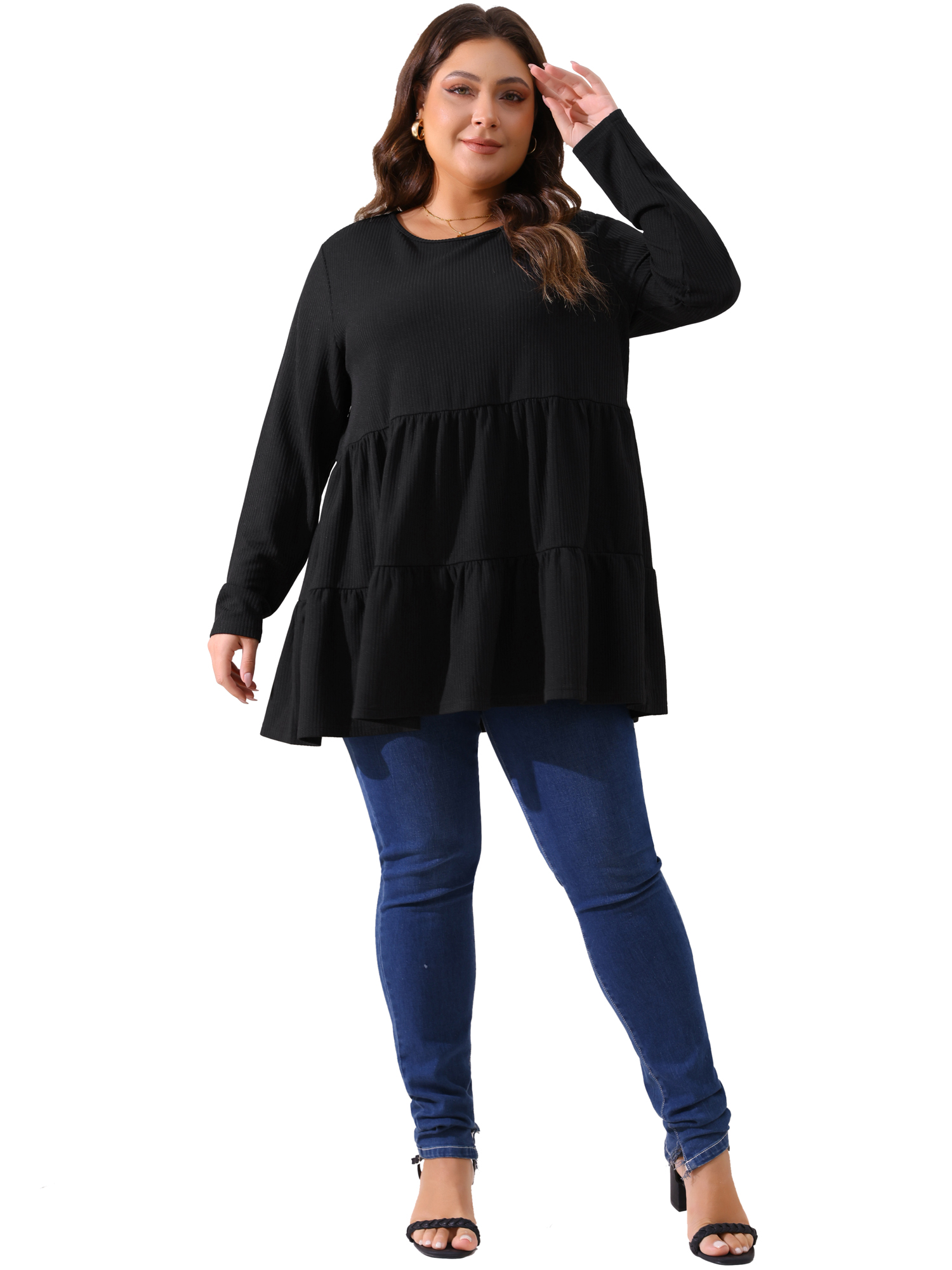 DARING DIVA Women's Plus Babydoll Crew Neck Casual Loose Peplum Tops 4X Black