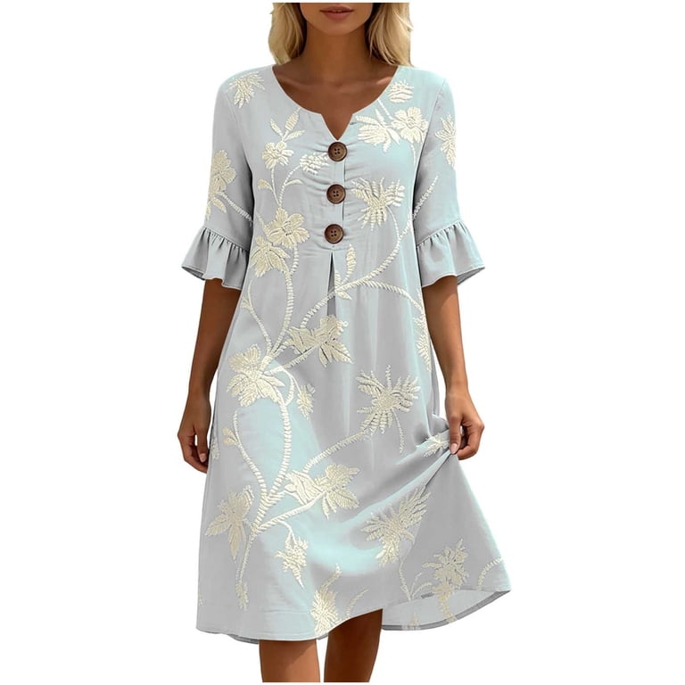 Ayolanni Embroidery Summer Dresses for Women 2026 V-Neck Button Graphic 3/4 Flutter Sleeve Midi T-Shirt Dress Beach Vacation Hawaii Sundress Blue S