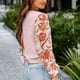 thumbnail image 3 of Suéter de mujer con estampado de empalme, manga acampanada, cuello redondo, informal, Jersey de punto para mujer, Top para Otoño Invierno, rosa, XXL, 3 of 6