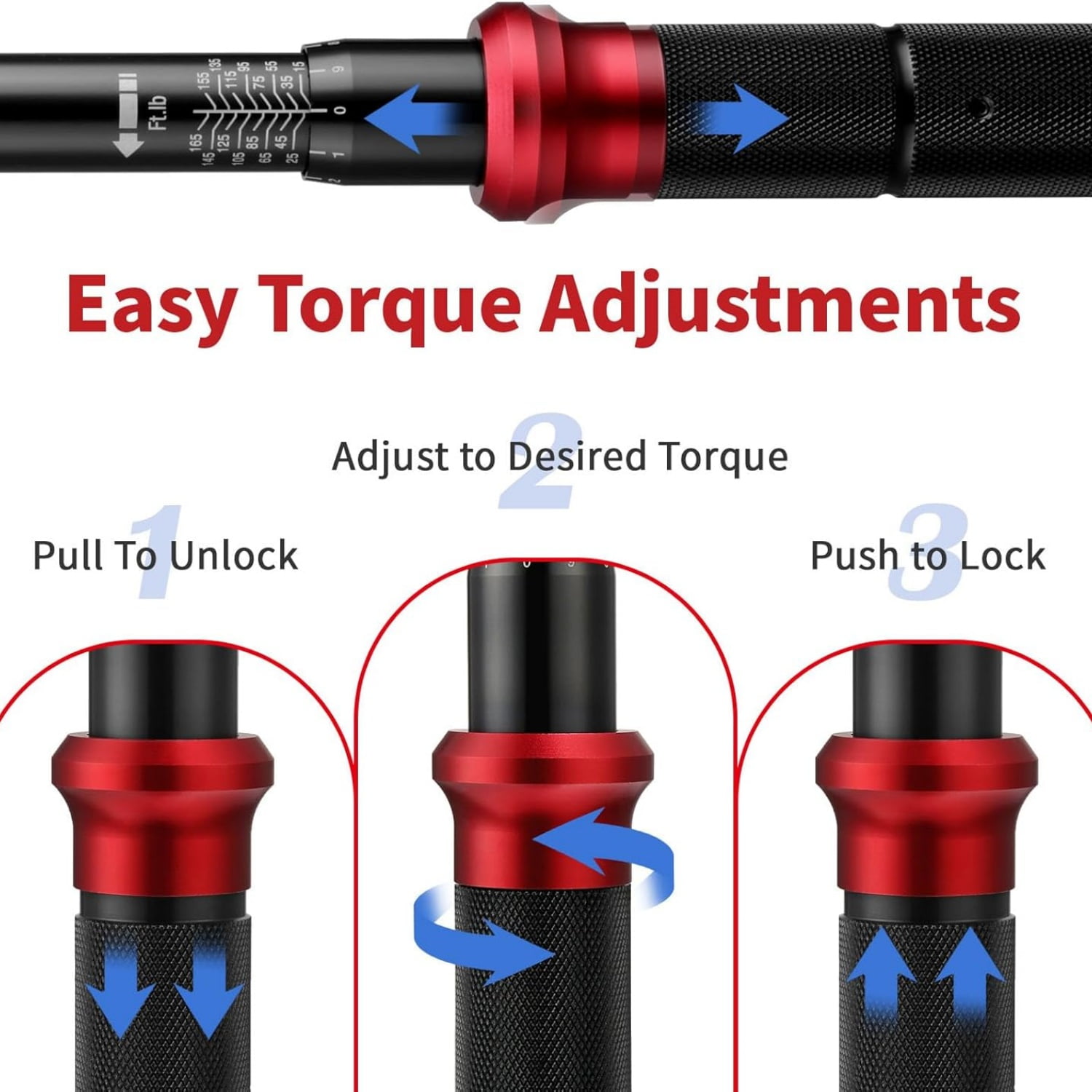 1/4 & 3/8 & 1/2-inch Drive Click Torque Wrench, 3Pcs Torque Wrench Set 4-20Ft.lb, 5-45Ft.lb, 15-165Ft.lb 72-Tooth Dual Scale for Bike, Moto, Car Repair