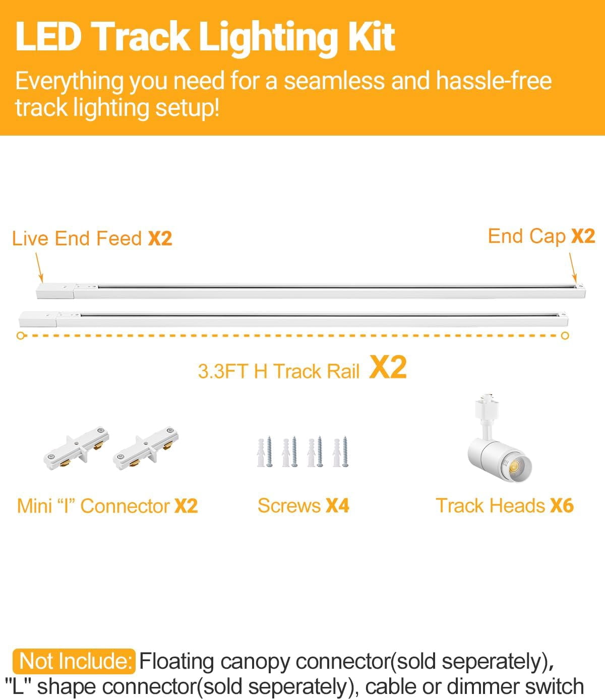VANoopee 3-Color Zoomable 6 Light LED Track Lighting Kit with 6.6FT H Type Track Lighting Rail, Dimmable Modern Track Lighting Fixtures Ceiling Spotlight 10W 1000lm White
