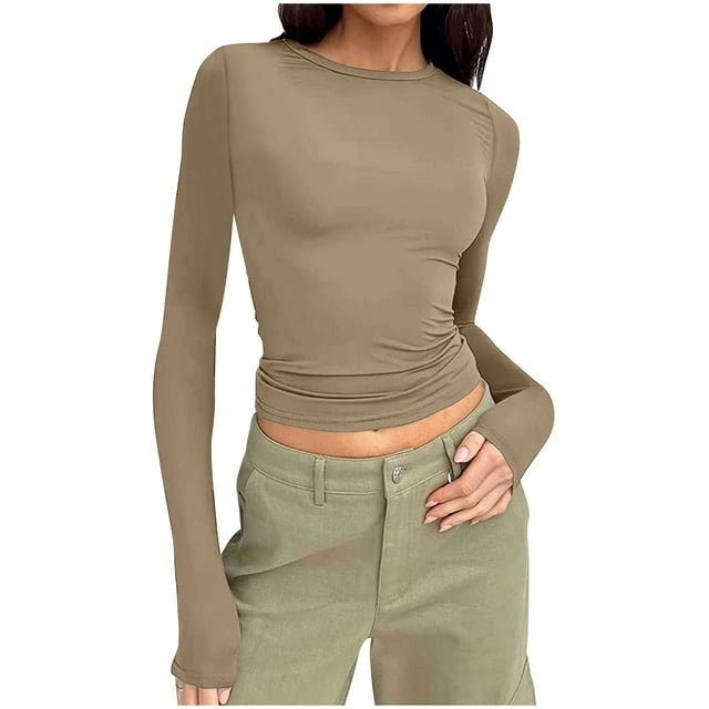 Pisexur Hauts d'Automne pour Femmes Manches Longues Hauts pour Femme Mode T-Shirts Courts Col Rond Décontractés Ajustés Blouses Unies Chandail Hauts Basiques d'Automne T-Shirts