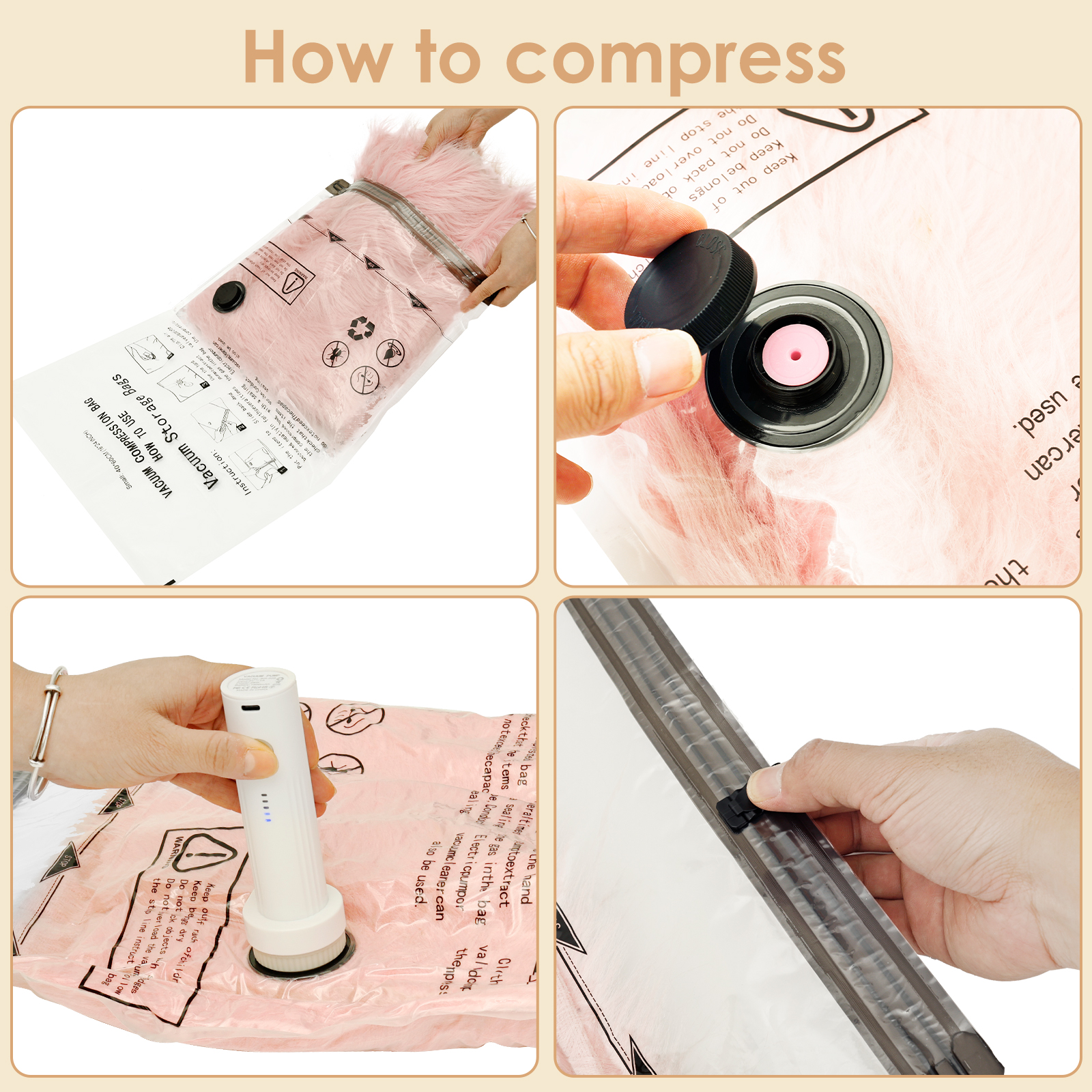 Vacuum Bag with Electric Pump Rapid Compression 8 Pack Triple Seal Compression Bag with Double Zipper Lock for Luggage and Suitcase