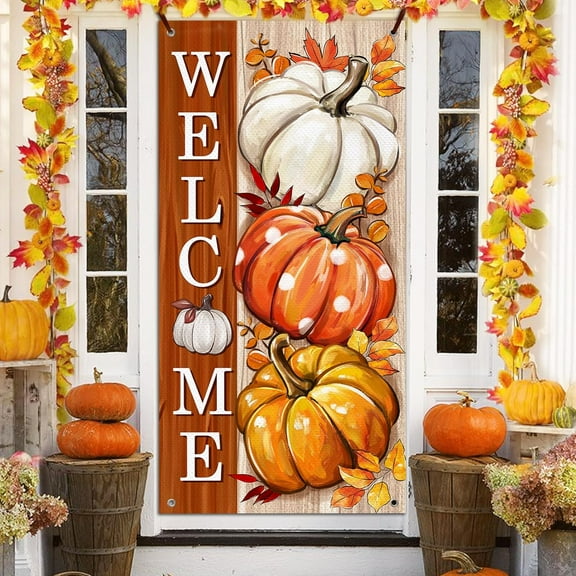 Welcome Fall White Pumpkin Front Door Cover Decorations, Autumn Thanksgiving Harvest Maple Leaves Decorative Banner Background, Farmhouse Polka Dots Indoor Outdoor Home Decor 3 x 6 FT