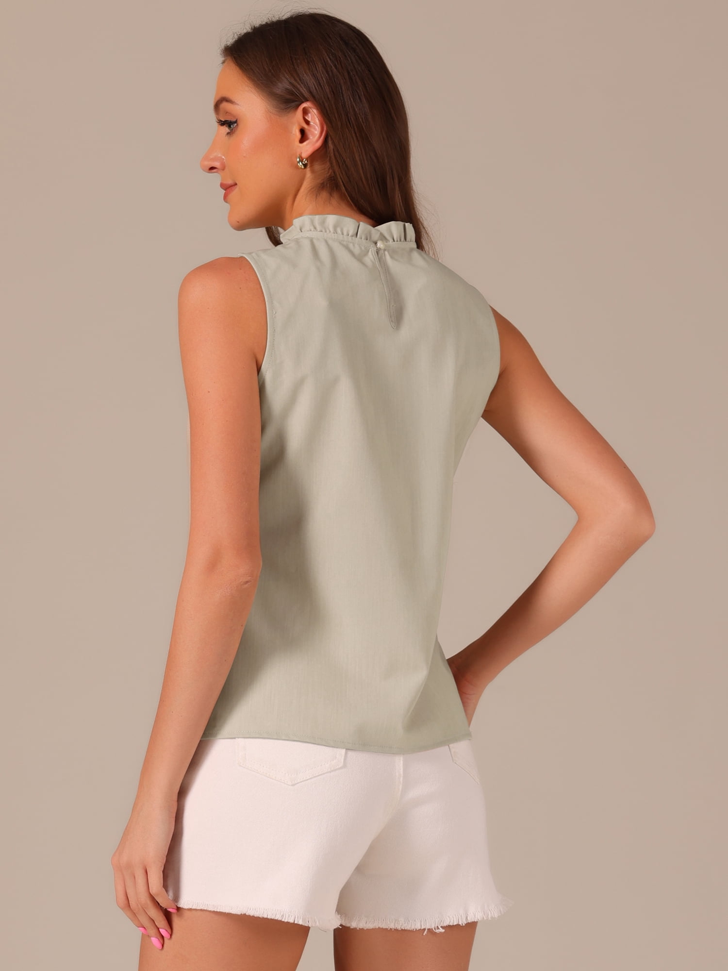 DARING DIVA Sleeveless Frill Mock Neck Chambray Blouse XL Light Khaki