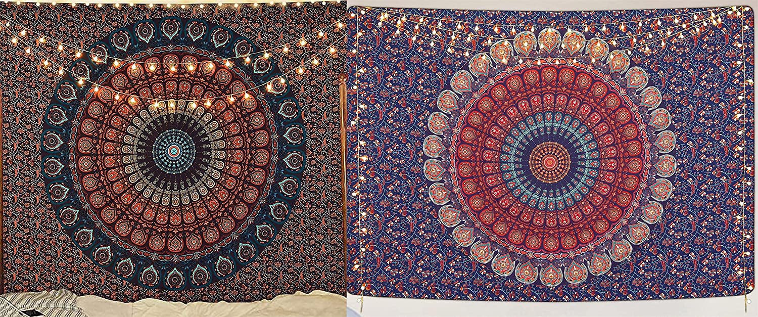 Brown Mandala Tapestry and Golden Blue White Mandala Tapestry Bundle Sales 