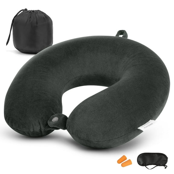 Travel Neck Pillow, Pure Memory Foam Travel Neck Pillow, Airplane Pillow for Traveling, Office, Home, Airplane Travel Kit with Eye Masks, Earplugs, and Luxury Bag, Washable Cover, Dark Gray
