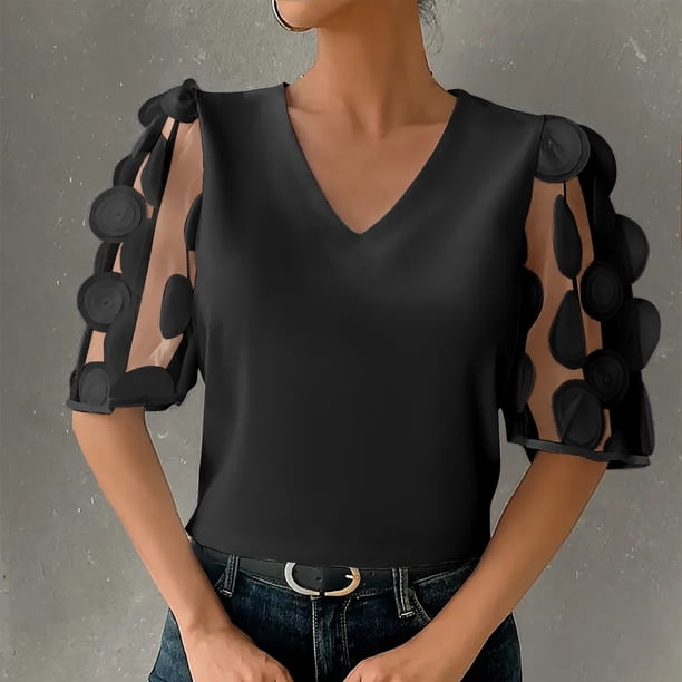 Karight Tops for Women Trendy Floral Lace Sleeve Round Neck Dressy Blouse Casual Summer Work Business Outfits