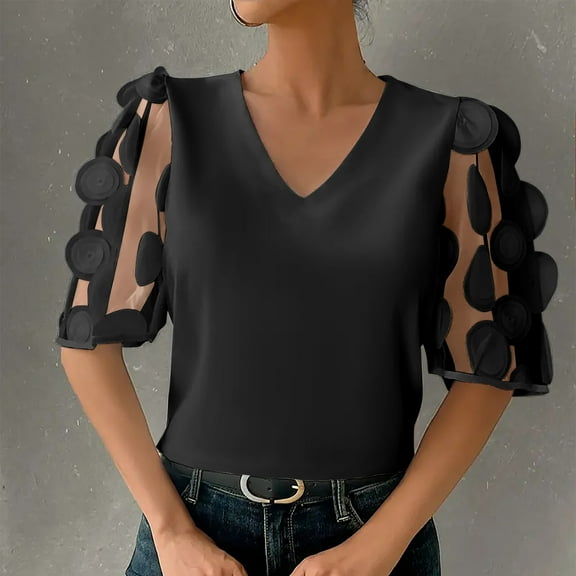 Karight Tops for Women Trendy Floral Lace Sleeve Round Neck Dressy Blouse Casual Summer Work Business Outfits