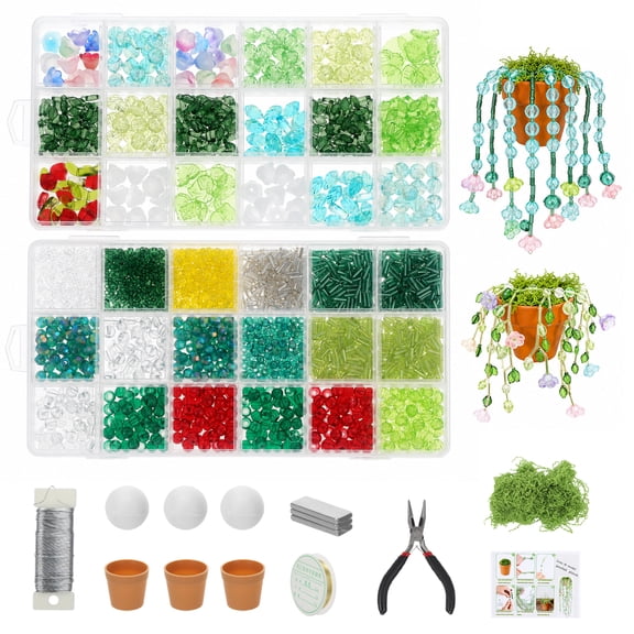 Beaded Plant Kit, Green Acrylic Beads, Metal-Gripping Design for Fridge|Multi-Compartment Organizer, Mixed Shapes, Iridescent Finishes, Gold and Silver Wire, Foam Balls, Moss, Pliers for DIY Decor