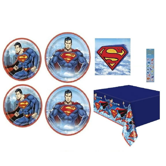 Superman Superhero Birthday Party Supplies Bundle includes 16 Small Dessert Cake Plates, 16 Lunch Plates, 16 Lunch Napkins, 1 Tablecover , 1 Dinosaur Sticker Sheet