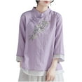 thumbnail image 3 of Dazajoo Vintage Chinese Style Tops for Women Frog Button Blouses Summer Casual 3/4 Cotton Linen Shirts,Purple,L, 3 of 5