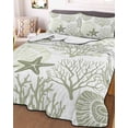 thumbnail image 3 of Quilts Twin-XL Size Bedding Set, Coastal Sage Green Lightweight Quilted Comforter, Ocean Coral Starfish Shell Modern Soft Reversible Bedspread Coverlet with Pillow Covers for All Season, 68" x 98", 3 of 7