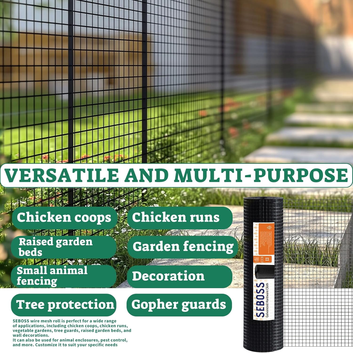SEBOSS Black Hardware Cloth 1/2 inch 60'' x 100' 19-Gauge, PVC Coated Chicken Wire Fencing, Coating Wire Mesh Roll, Chicken Wire Mesh, Wire Fence Roll, Welded Wire Fencing, Garden Fence