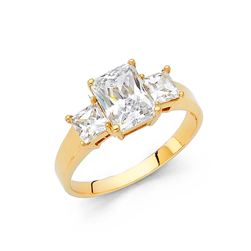 GemApex Three Stone Emerald CZ Engagement Ring 14k Yellow Gold