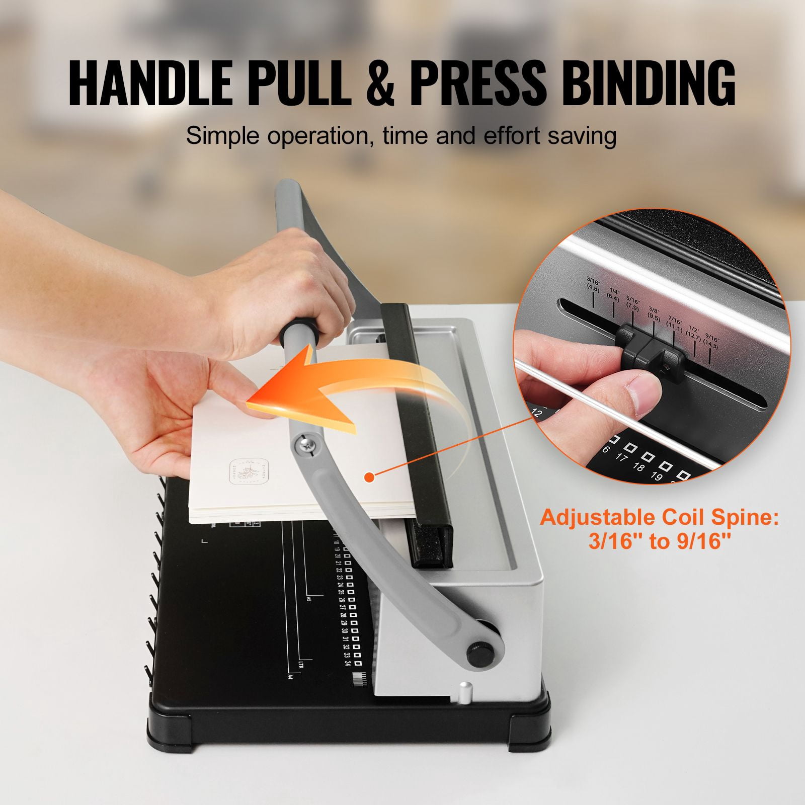34-Hole Manual Coil Binding Machine, Spiral Book Binder 120 Sheets, Adjustable 3/16"-9/16" Plastic Coils, Side Margin Guide for Letter A4 A5
