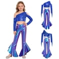 thumbnail image 5 of SiiRoh Girls Jazz Tango Disco Dance Outfit Oblique Shoulder Tassel Sequin Crop Top and Metallic Flare Pants Set Royal Blue 14, 5 of 6